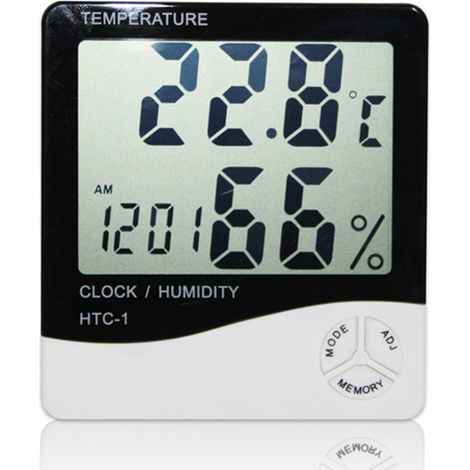 Elektronisches LCD-Thermometer mit Hygrometer, digitaler Temperatur- und Feuchtigkeitsanzeige, Wetterstation und Uhr für Innen und Außen, HTC-1 (Weiß, 1 Stück) (Batterie nicht enthalten)