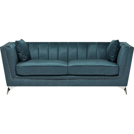 Canapé 3 Places Fixe Revêtement en Velours Bleu Foncé et Rembourrage Généreux Ultra Confortable pour Salon Vintage Glamour Beliani