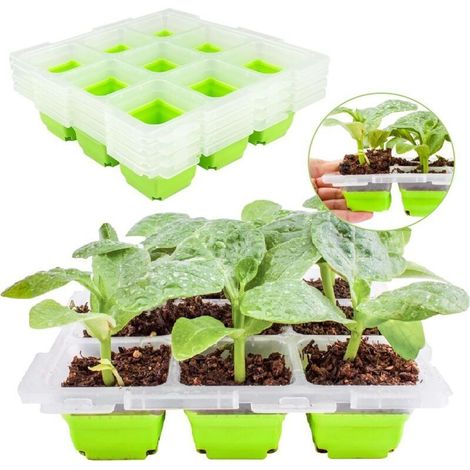 Bandejas reutilizables para semilleros, fabricadas en plástico resistente – Juego de 6 con tapas transparentes, ideales para invernaderos y viveros de interior.