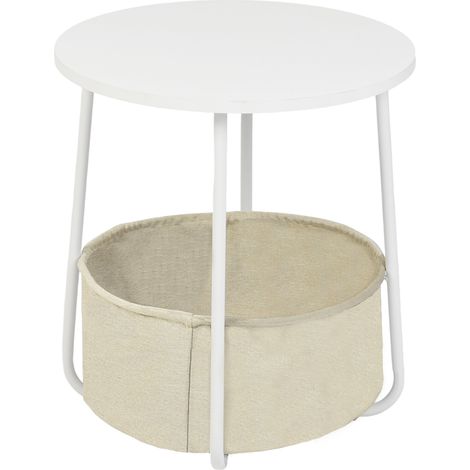 FurnitureR Beistelltisch mit Stauraum, runder Beistelltisch für das Wohnzimmer mit Stoffkorb, moderner Stil, weißes Metallgestell, D4545H50,5 cm