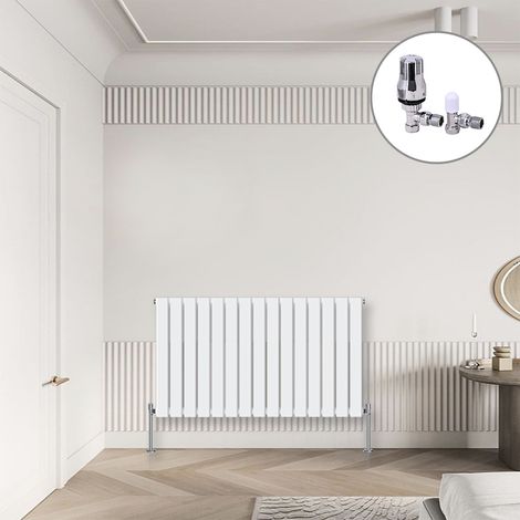 Flat Panel Designer Radiator White + Chrome Angled TRV Thermostatic Radiator Valves Horizontal 600x1020mm Single