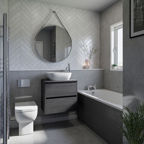 Alford 1400mm Steel Straight Single Ended Bathroom Suite including Polished Chrome Flush Plate Back to Wall Toilet and Graphite Grey Vanity Unit with Countertop Basin (1/5)