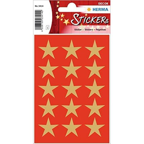 HERMA 3414 Aufkleber mit 5-zackigen Sternen, goldfarben, 22 mm Durchmesser, auf goldenem Papier, 5 Zacken, dauerhaft haftend, 3 Bögen/45 Aufkleber (1/2)