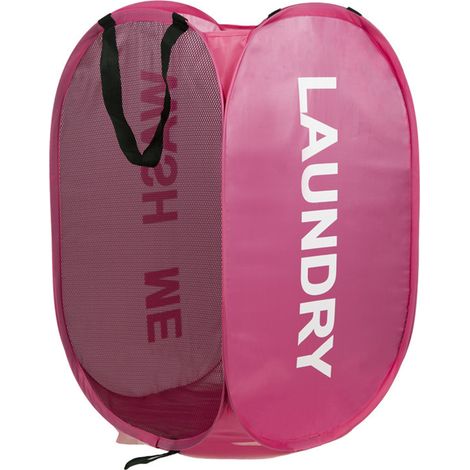 Panier à linge en maille pliable pop-up avec poignée, grande poche latérale, adapté pour chambre d'enfant, résidence étudiante, camping-car, croisière, sac de rangement rose (1/5)