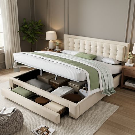 Cama con espacio de almacenamiento de terciopelo beige 160x200 cm con cabecero ajustable (1/5)