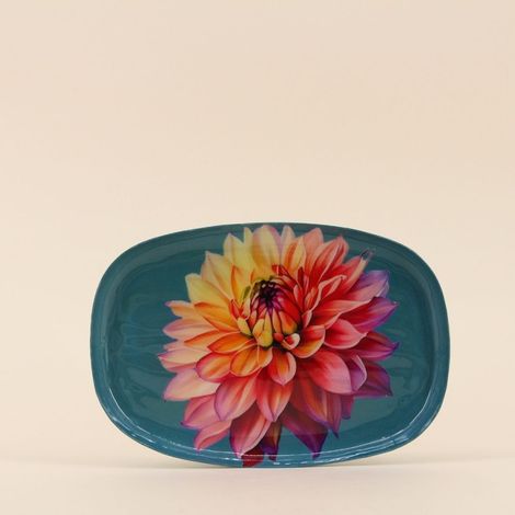 Plateau en métal laqué turquoise fleuri 20x14cm (1/5)