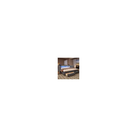 Lit gigogne 90x190 cm avec ports USB-Type-C, 2 tiroirs, compartiments de rangement, éclairage LED, sans matelas, gris