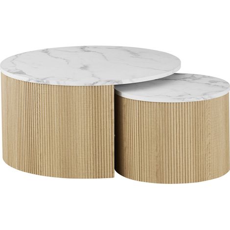 ROWAN - Lot de 2 tables basses rondes gigognes couleur marbre et bois