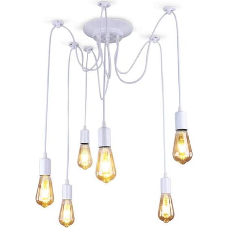 Lustre Suspension Araignee Design Industriel, Rétro Douille E27 Têtes Éclairage Lumières Plafonniers sans Ampoule Blanc, DIY Corde Ajustable - 1.5m Fil, 6 bras (1/4)