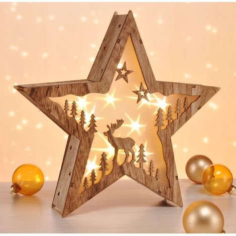 Lampe décorative LED design 3D en forme d'étoile en bois véritable avec 10 LED blanc chaud (1/4)