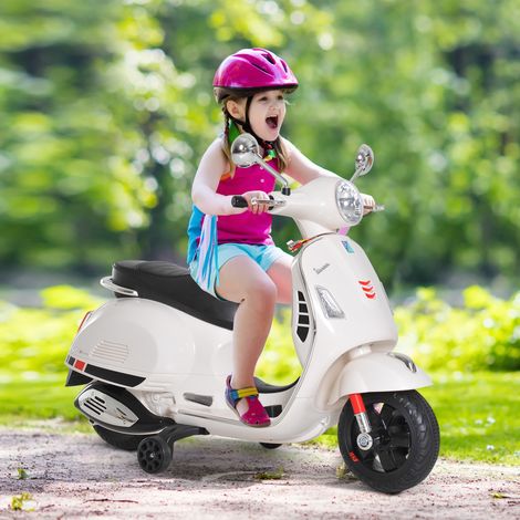 HOMCOM Elektromotorrad für Kinder von 3–6 Jahren mit VESPA-Führerschein, batteriebetriebenes Kindermotorrad mit Musik, Geschwindigkeit 2–3 km/h, Hupe, 25 kg Traglast, Weiß