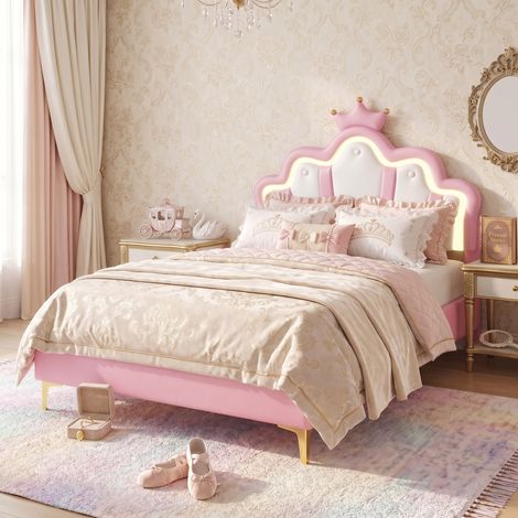 Superaly Lit Double Rembourré 90x190 cm, Lit pour Enfant avec Lampe d'ambiance LED, Tête de Lit Réglable en Forme de Nuage avec Couronne, Lit pour Fille Princess Wind Design, Matériau PU, Rose