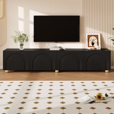 Meuble TV bas 180x35x40 cm, meuble de salon design moderne et grand rangement, et pieds en métal avec 4 portes à relief en arc, Noir (1/5)