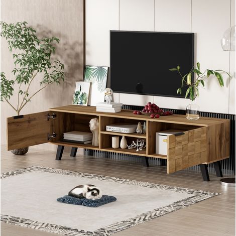 Mobile TV 160.5x35.5x45 cm color legno in pannello truciolare con 2 ante, 2 vani aperti e cerniere ammortizzate (1/5)