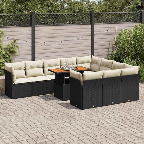 Ensemble Salon Jardin 11 Pièces Noir Résine Tressée avec Table Acacia et Coussins Crème Modulable (1/5)
