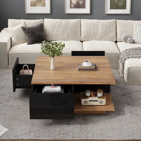 Table basse carrée en bois 70x70x31.5cm avec 3 tiroirs Table basse de salon avec rangement semi-ouvert Noyer et noir (1/5)