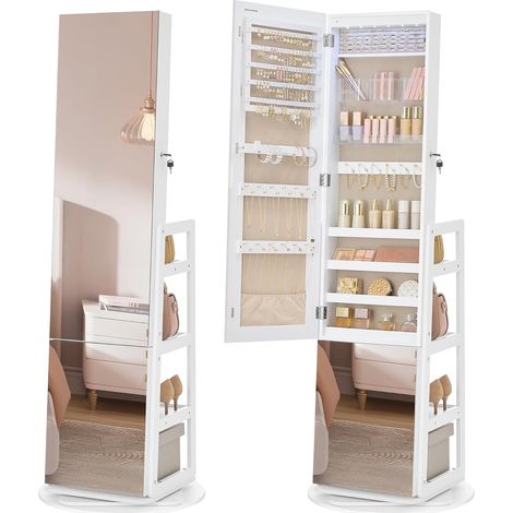 Armoire à Bijoux, Rangement à Bijoux, Miroir Intégral, 4 Étagères de Rangement, Éclairage Intégré, Rotation à 360°, pour Chambre, Dressing ou Entrée, Blanc Nuage JJC027WH01 (1/5)