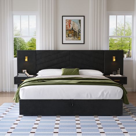 Cama canapé abatible king (266x205x117 cm), con 2 mesitas flotantes y elevación hidráulica, madera, negro (1/5)