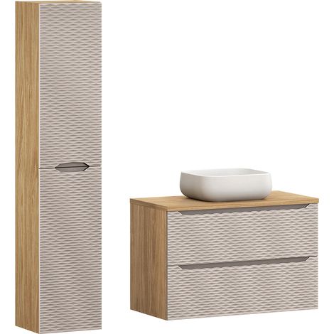 Badmöbel Set 2-teilig mit 90cm Waschtisch, Eiche mit beige, OLUO-56-BEIGE (1/5)