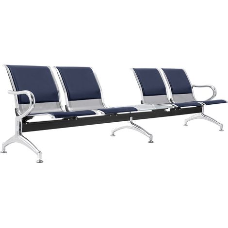 Panca per Sala Attesa 4 Posti da Ufficio con Cuscino e Tavolino in Acciaio e Similpelle Argento/Blu (1/5)