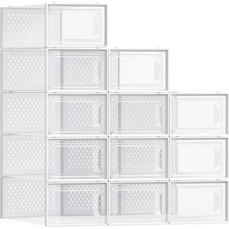Boîtes à Chaussures, Rangement Chaussures en Plastique, Pliables et Empilables, pour Pointure Jusqu’à 43, Lot de 12, Transparent et Blanc Nuage LSP066W12 (1/5)