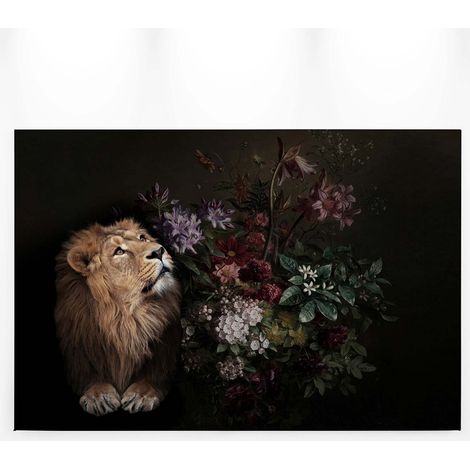 Tableau animaux coloré pour bureau | Tableau lion et fleurs multicolores sur fond noir | Tableau sur toile moderne pour couloir - 0,9 x 0,6 m (1/5)