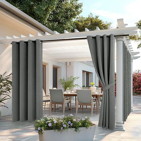 Lot de 2 Rideau Extérieur Imperméable Oeillets 132x275cm Gris Rideau extérieur imperméable anti-soleil à double oeillets adapté pour pergola et balcon (1/5)