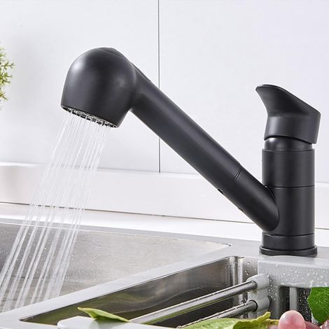 Robinet de Cuisine Noir avec Douchette Extractible Mitigeur Évier à 360° en Laiton Robinetterie avec Monotrou L'eau Froide et Chaude pour Évier (1/5)
