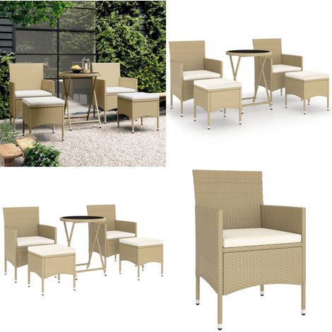 Set Bistrot da Giardino 5 pz Polyrattan e Vetro Temperato Beige - Tavolo da giardino - Sedie da giardino