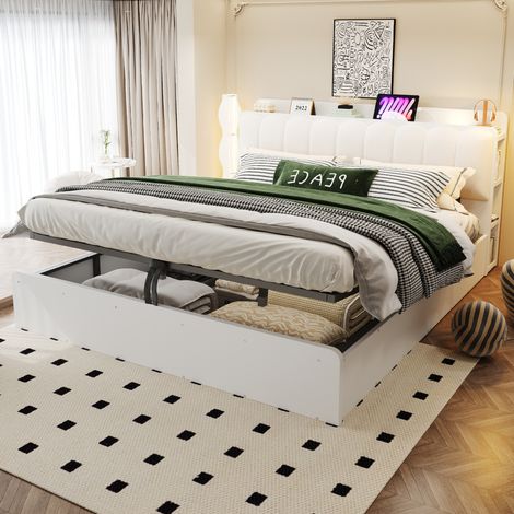 Lit coffre 180x200 cm, tête de lit avec rangement et USB, avec veilleuse, en bois, blanc (1/5)
