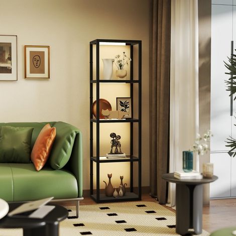 Lámpara de pie LED con estantería de 4 baldas de cristal, regulable, 45 x 29 x 157 cm, negra HAVRYA (1/4)
