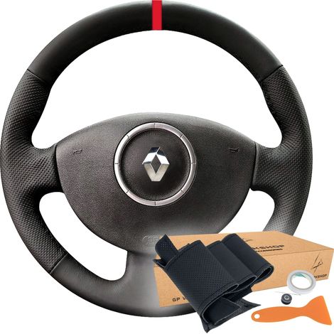 Couvre volant sur mesure pour Renault Megane II, Scenic, Kangoo – Cuir écologique noir – Coutures professionnelles – Motif perforé pour confort
