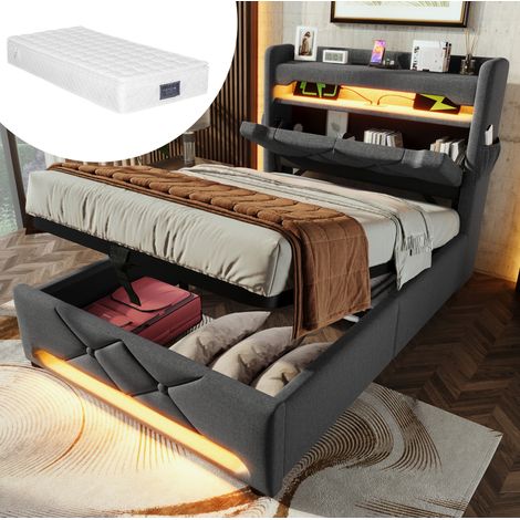 Cama tapizada de lino gris 90x200 cm con colchón, LED 360°, cabecero con USB y Type-C, almacenamiento hidráulico (1/5)