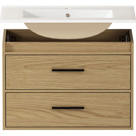 Mueble de baño 75 cm roble claro con lavabo cerámico y 2 cajones (1/5)