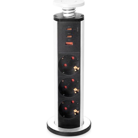 emuca multiconector extraíble vertikal, 3 enchufes tipo schuko, 1 usb tipo a, 2 usb tipo c, plástico y aluminio, pintado blanco