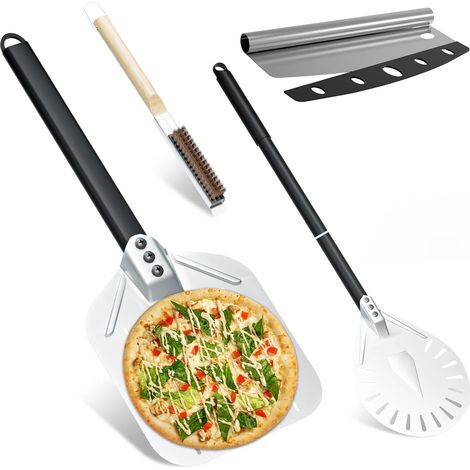 Kit 4 Pièces pour Pizza, Pelle a Pizza Perforée 30 cm, Pelle Pizza Ronde en Aluminium 23 cm, Roulette à Pizza, Brosse de Nettoyage pour Four à Pizza, Accessoires Pizza pour Four Pizza (1/5)