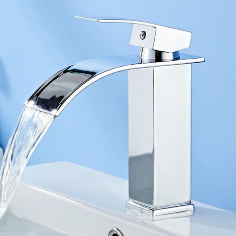 Robinet de salle de bain effet cascade, finition dorée, meuble vasque en acier inoxydable, mitigeur monocommande pour eau chaude et froide, format court (chrome, court) (1/5)