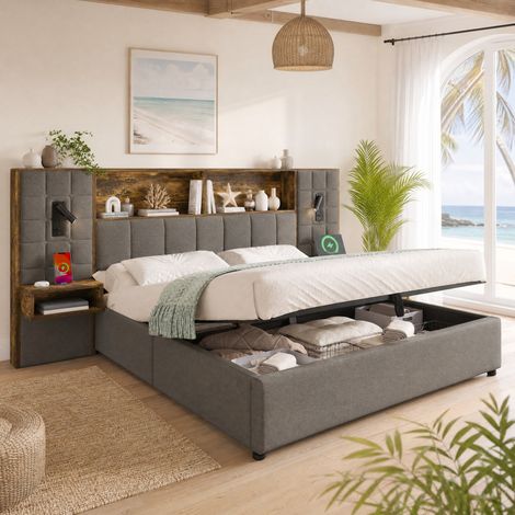 Cama con canapé abatible 180x200 cm gris en lino, con LED, 2 lámparas, USB y Type-C (1/5)