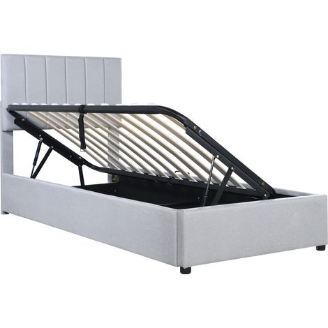 Lit avec rangement hydraulique 90x200 cm en lin gris, sommier à lattes inclus, tête de lit réglable (1/5)