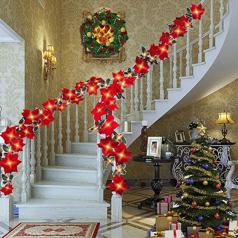 Guirlande Lumineuse De Noël - 2 M - 10 Led - Fleur De Poinsettia Artificielle - Décoration Murale Et Arbre De Noël - 1 Pièce (1/5)