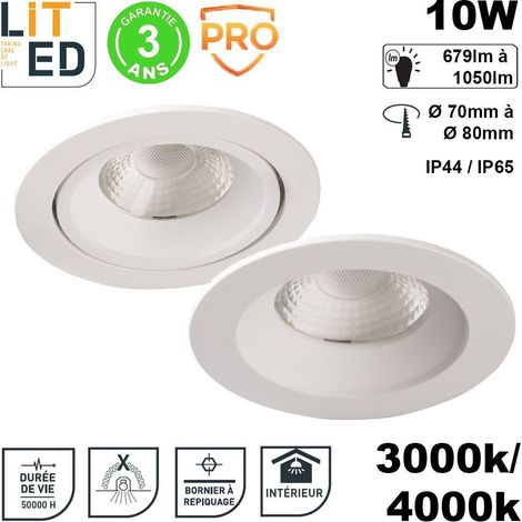 Spot LED COBI orientable ou fixe encastrable 10W 679 à 1050lm IP44 ou IP65 - Type de Spot LED - Spot LED 10W - 1050lm - 4000K - IP44 - Ø perçage 70mm