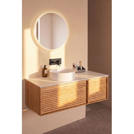 Meuble salle de bain suspendu JANE L120 x H39 x P50 cm couleur chêne clair BASS  + plateau sans trou robinet