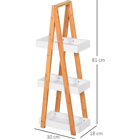 Étagère de salle de bain à 3 niveaux en MDF et bambou, 30x18x81cm, grain de bois gris. (1/5)