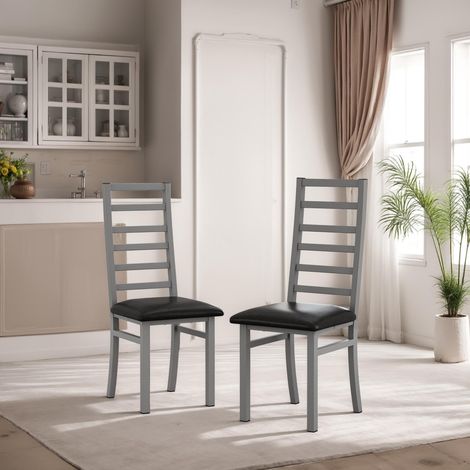 Ensemble de 2 chaises de salle à manger en métal, pieds en acier et assises en similicuir, dossier haut sans accoudoirs, pour la cuisine ou le salon, grises. (1/5)