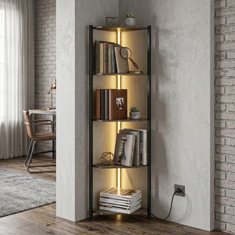 Bibliothèque d'angle à 5 niveaux avec éclairage LED pour salon, chambre, bureau, marron rustique (1/5)