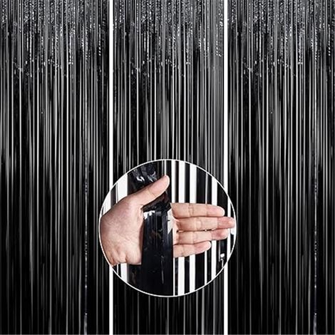 3 Rideaux à Franges Métalliques Noir et Aluminium 1x2 m Brillant pour Décoration de Fête et Toile de Fond (1/5)