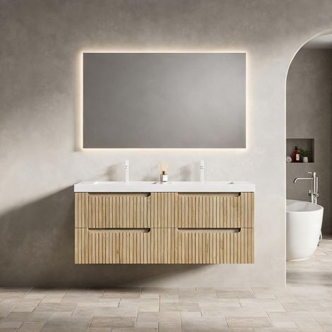 Meuble vasque suspendu en résine blanc chêne clair 120 cm 4 (1/5)