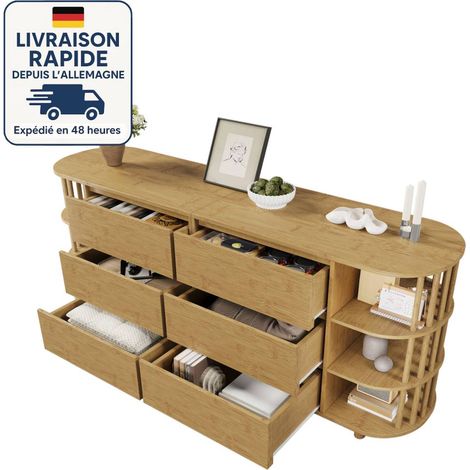 Cómoda de 160 cm con 6 cajones - Roble - Diseño romano - con columnas y estantes de bambú - Madera con certificación PEFC (1/5)