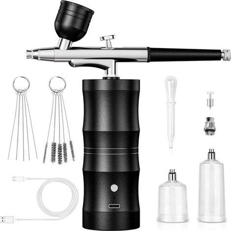Kit aérographe avec compresseur - Portable, haute pression 48 PSI, anti-bouchage, recharge rapide - Buse 0,3 mm, brosse de nettoyage - pour la peinture, le nail art, le maquillage - Noir - 1 pièce (1/5)