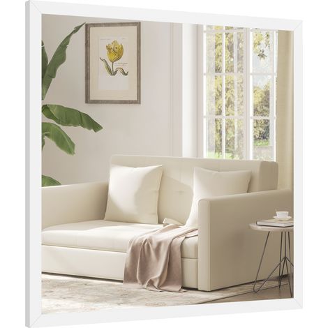 Miroir mural carré 50x50 cm, cadre en bois blanc, pour salle de bain ou salon - miroir design, cadre blanc pour décoration murale (1/5)